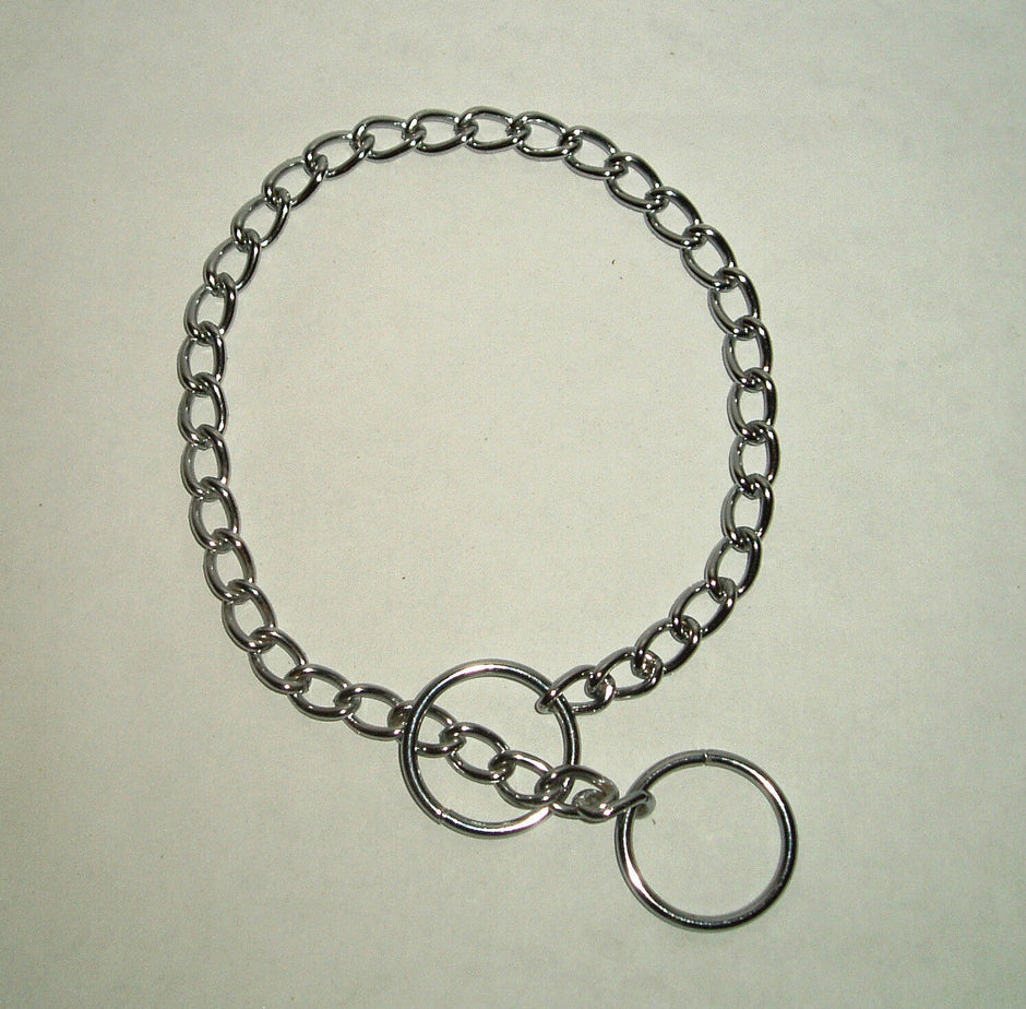 Chrome-plated steel dog slip chain collar with two end rings, shown flat against a white background