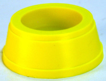 Yellow micro feeder cup for birds and reptiles, shown from a slight angle to display the tapered sides and open top