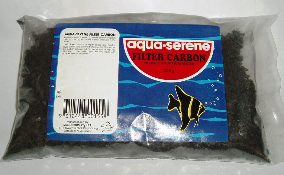 250g bag of Rudducks Aqua Serene Filter Carbon showing black carbon granules inside clear packaging with a blue branded label.