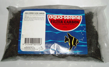 250g bag of Rudducks Aqua Serene Filter Carbon showing black carbon granules inside clear packaging with a blue branded label.