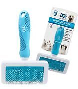 DGG Padded Slicker Brush shown from multiple angles — full brush with blue handle and rectangular pin pad, plus packaging showing small dogs on the label.