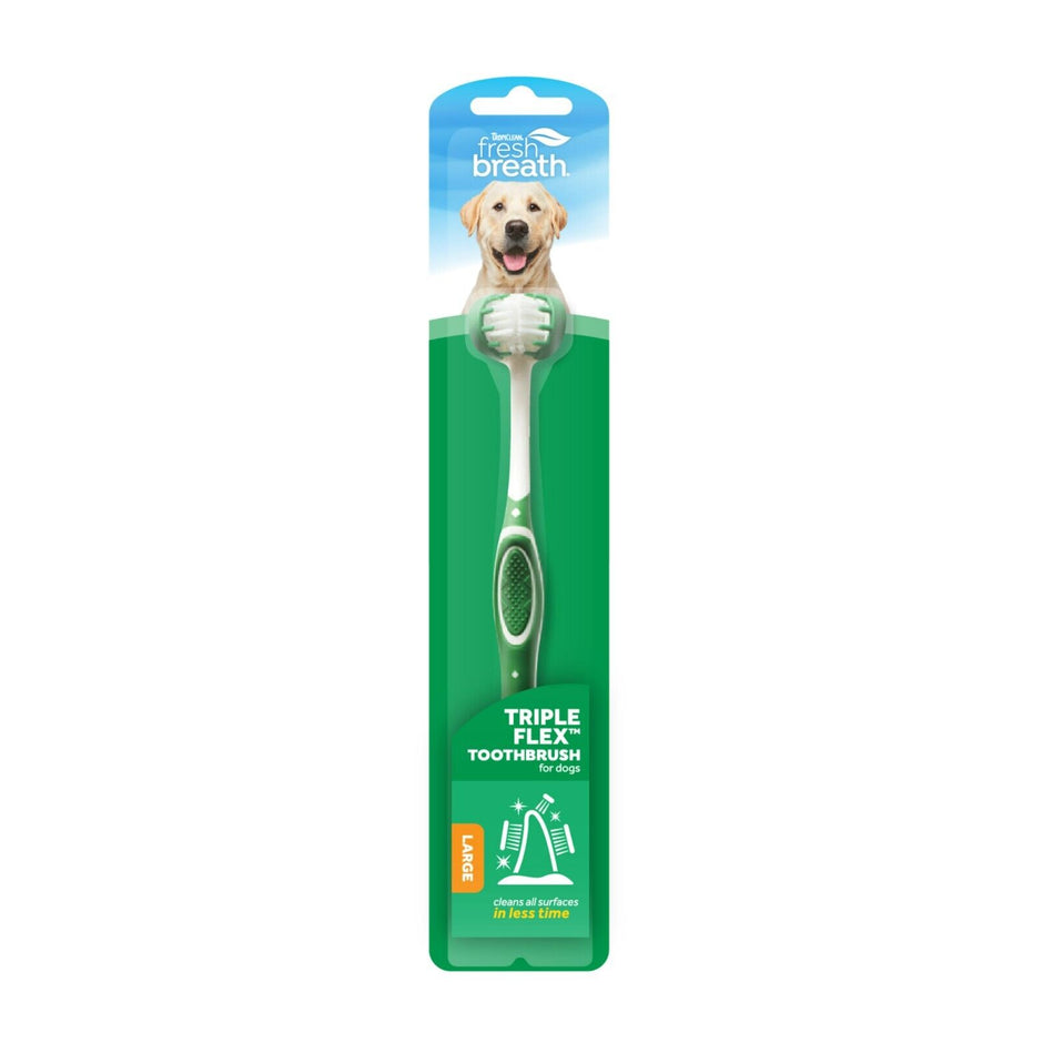 TropiClean Fresh Breath TripleFlex Large Toothbrush for dogs shown in green retail packaging with three-sided brush head visible