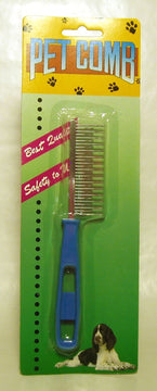GoPetPlace dog grooming comb in retail packaging, showing a blue plastic-handled comb with metal multi-gauge teeth, 18cm length.