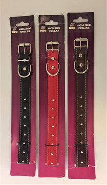 Pet Basic 48cm studded dog collars in black, red and brown, shown in packaging with silver buckles and dome studs.
