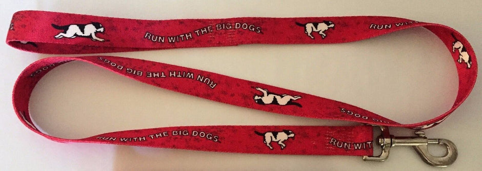 Red GoPetPlace Run With The Big Dogs dog lead laid flat, showing repeating running dog print and metal clip fastener