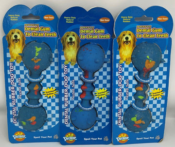 Three packaged GoPetPlace spikey rubber dumbbell dog toys in blue retail packaging, shown side by side.