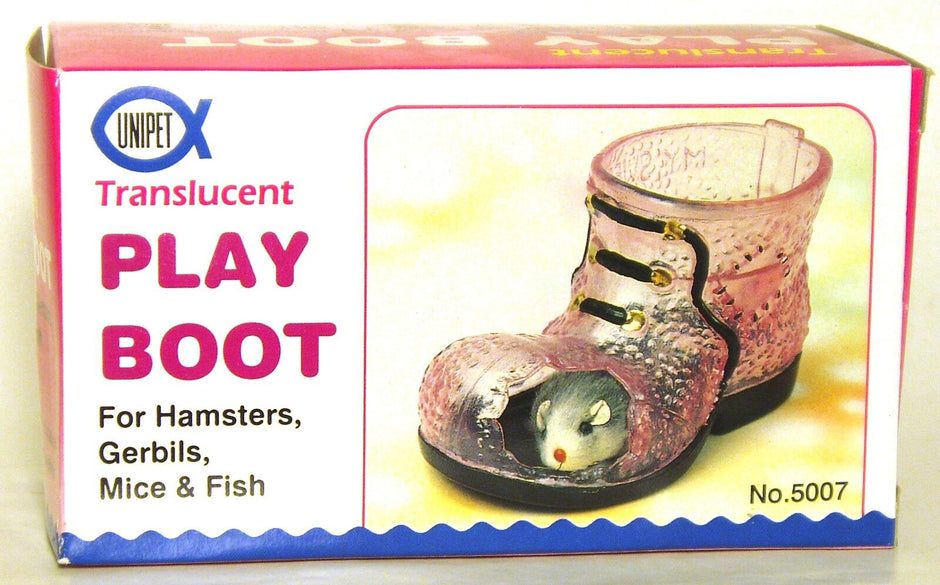 Retail box for the Unipet Translucent Play Boot, showing a pink-toned boot ornament with a hamster peeking through the toe opening, labelled for hamsters, gerbils, mice and fish.