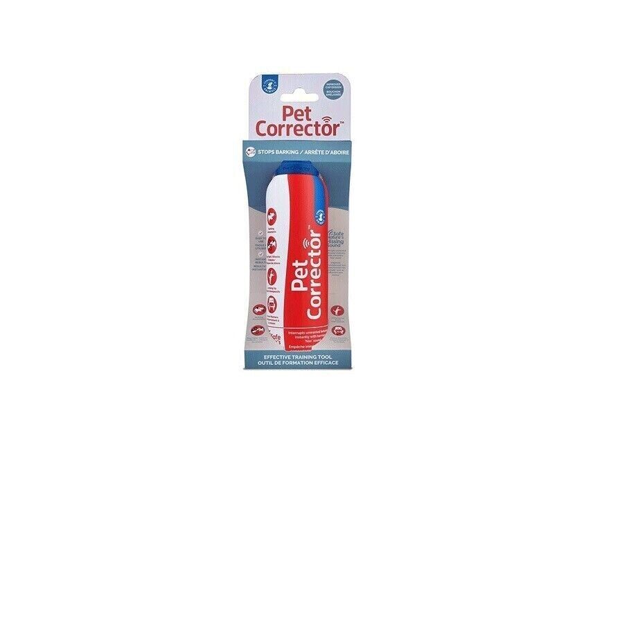Company of Animals Pet Corrector 45g compressed-air dog training spray in retail packaging, showing the red and white aerosol can with 'Stops Barking' labelling.