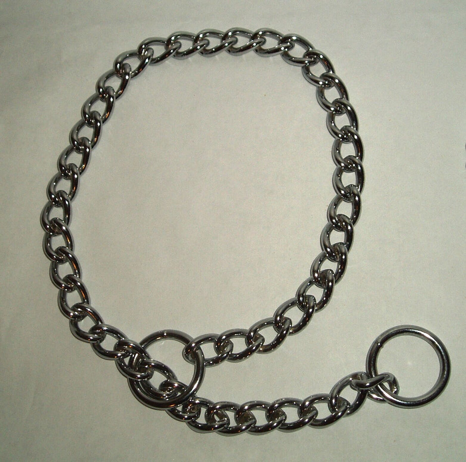 GoPetPlace 3mm chrome-plated steel dog slip chain collar laid flat, showing the curb-link chain and two end rings