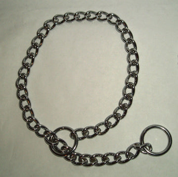 GoPetPlace 3mm chrome-plated steel dog slip chain collar laid flat, showing the curb-link chain and two end rings