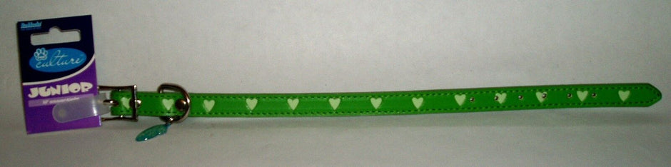 Rudducks Paw Culture Junior green puppy collar with white heart pattern and silver buckle, shown with original packaging tag