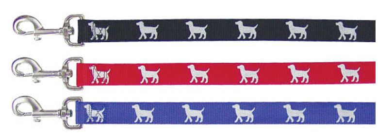 Beau Pets nylon dog leads in black, red, and blue, each showing a repeating white dog silhouette motif and a metal trigger snap clip.