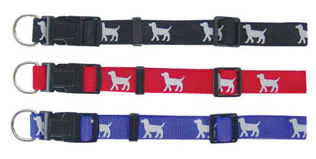 Beau Pets adjustable nylon dog collars in black, red, and blue, each showing a repeating white dog motif, plastic click buckle, and stainless steel D-ring.