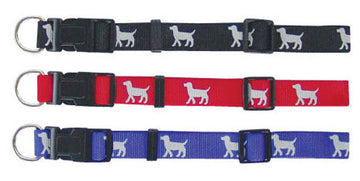 Beau Pets adjustable nylon dog collars in black, red, and blue, each showing a repeating white dog motif, plastic click buckle, and stainless steel D-ring.