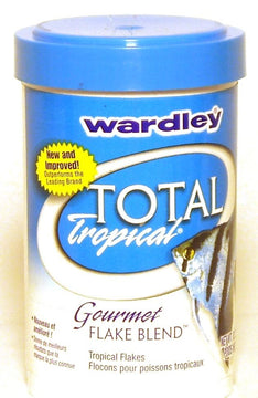 Wardley Total Tropical Gourmet Flake Blend tub with blue lid, showing product name and tropical fish imagery on the label.