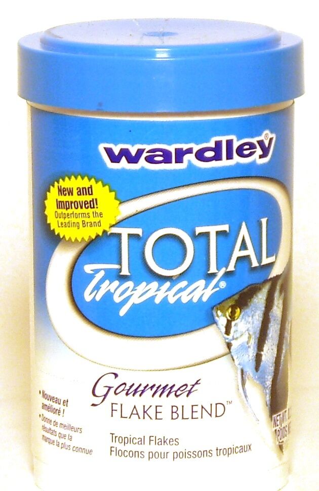 Wardley Total Tropical Gourmet Flake Blend tub with blue lid, showing product name and tropical fish imagery on the label.
