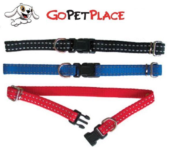 Three Beau Pets adjustable puppy collars laid flat — black, blue and red — each showing reflective thread stitching, plastic click buckle and stainless steel D ring.