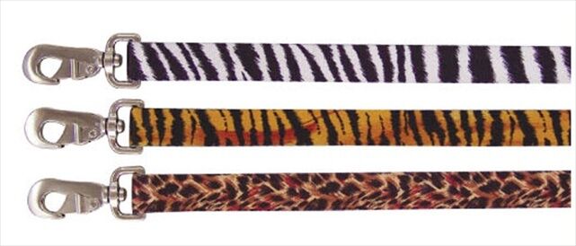 Three Beau Pets animal print nylon dog leads laid flat — zebra stripe, tiger stripe, and leopard print — each with a stainless steel clip.