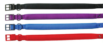 Beau Pets adjustable rubber-padded nylon dog collars laid flat in four colours: black, purple, blue and red