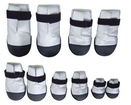 Beau Pets dog boots shown in four sizes, white upper with black non-slip sole and Velcro strap fastening