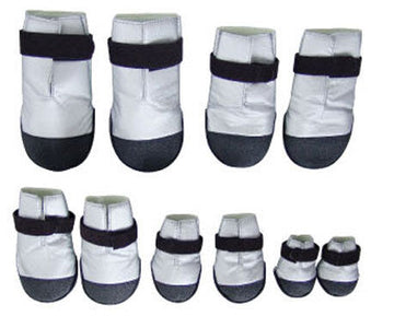Beau Pets dog boots shown in four sizes, white upper with black non-slip sole and Velcro strap fastening