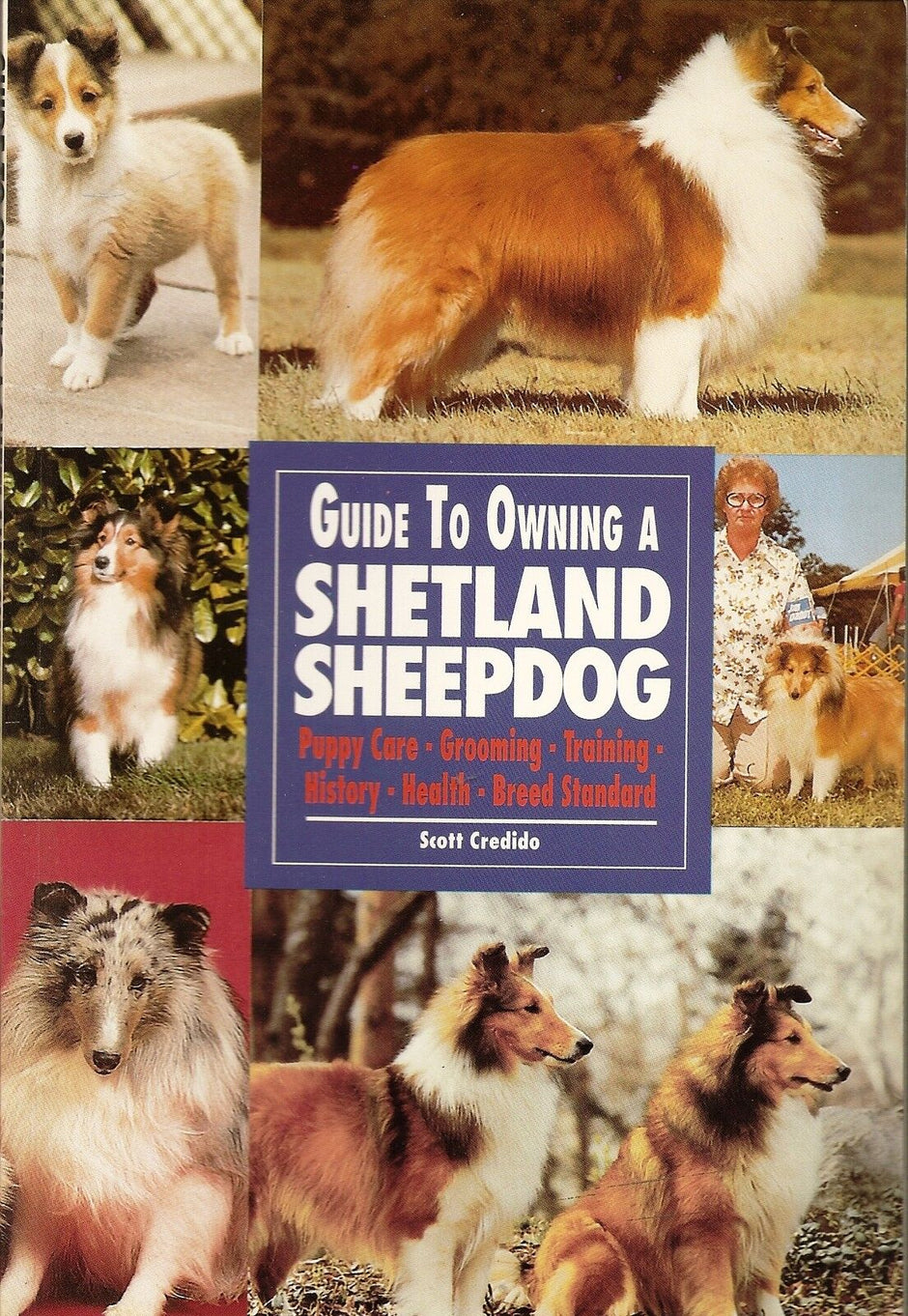 Front cover of Guide to Owning a Shetland Sheepdog by Scott Credido, featuring multiple colour photos of Shelties at various life stages
