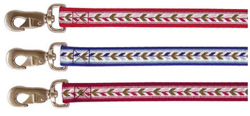 Beau Pets Nylon Ribbon Arrow Dog Lead in red, blue, and a lighter variation, each showing the arrow ribbon pattern and metal trigger snap clip.