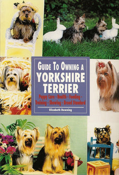 Front cover of Guide to Owning a Yorkshire Terrier by Elizabeth Downing, featuring a collage of Yorkshire Terrier photos and the subtitle listing puppy care, health, feeding, training, showing, and breed standard.