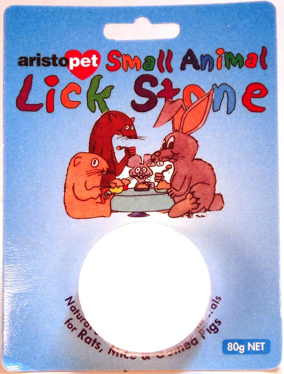 Aristopet Small Animal Lick Stone 80g blister pack showing the white disc-shaped stone and illustrated packaging featuring a rat, guinea pig, mouse and rabbit