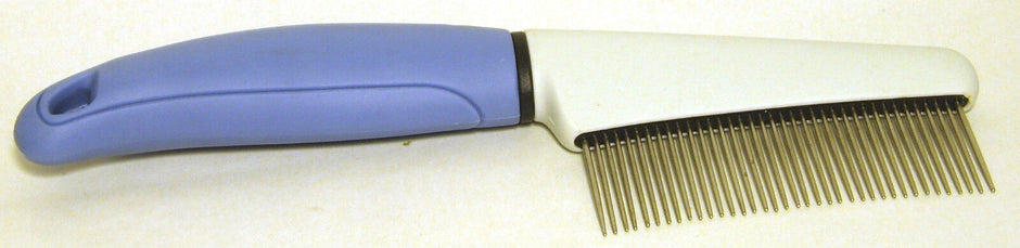 Rudducks Pro Groomer Medium Comb with blue soft-touch rubber grip handle and fine metal teeth