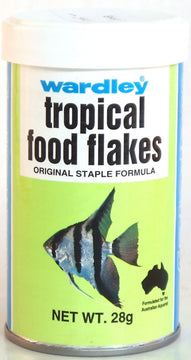 Wardley Tropical Food Flakes canister, 28g net weight, Original Staple Formula, formulated for the Australian aquarist, featuring an angelfish illustration on a green label.